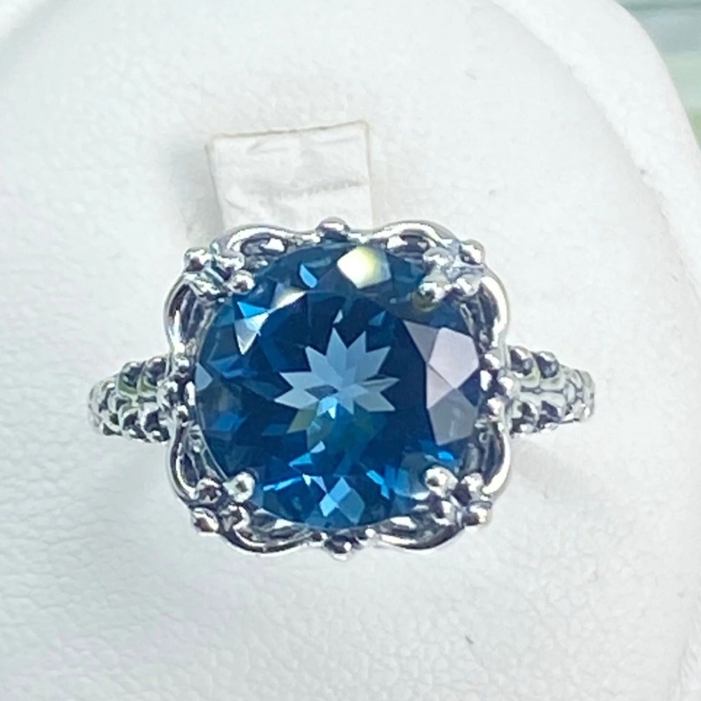 London Blue Topaz Ring 7ct Round Cut Natural Topaz Victorian Ornate Filigree - Picture 9 of 10